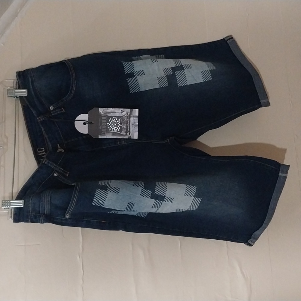 Hydraulic Dark Blue Jean Shorts with Patchwork